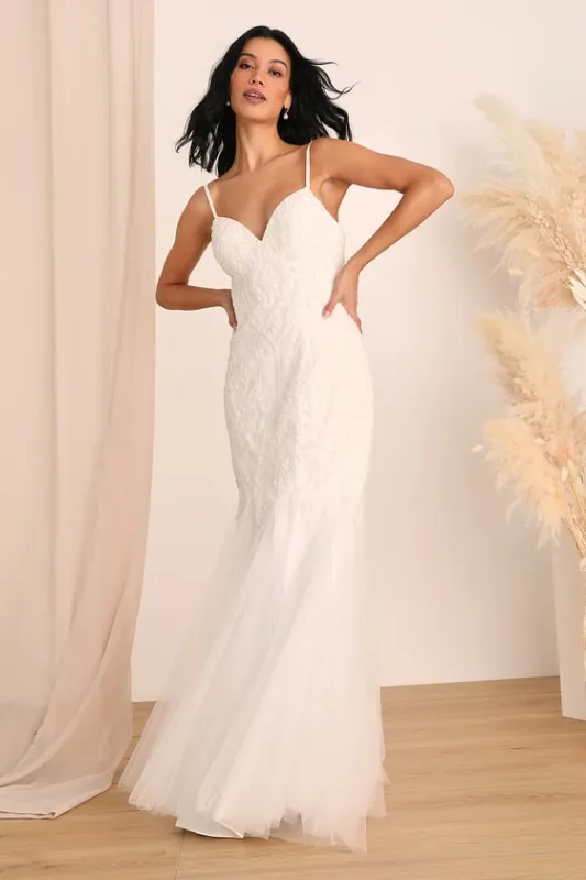 Dream Romance White Beaded Tulle Trumpet Maxi Dress sold by Lulus