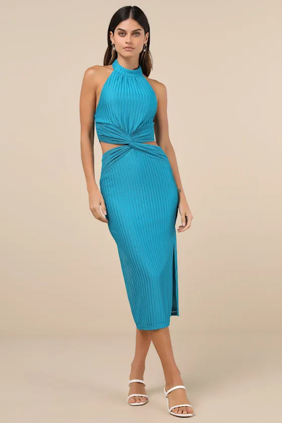 Poised Attitude Teal Halter Cutout Twist-Front Midi Dress sold by Lulus product image thumbnail 2