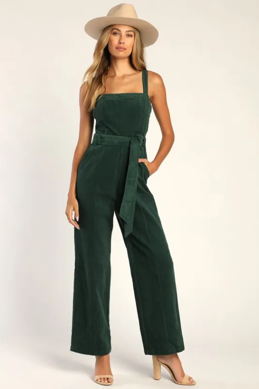 Cutie Season Dark Green Corduroy Wide-Leg Jumpsuit sold by Lulus