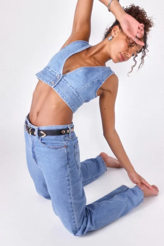 Raine Light Wash Denim Vest Crop Top sold by Lulus