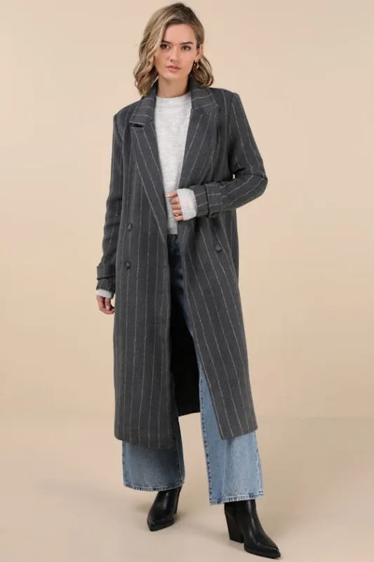 Prince Grey Pinstripe Double-Breasted Coat sold by Lulus