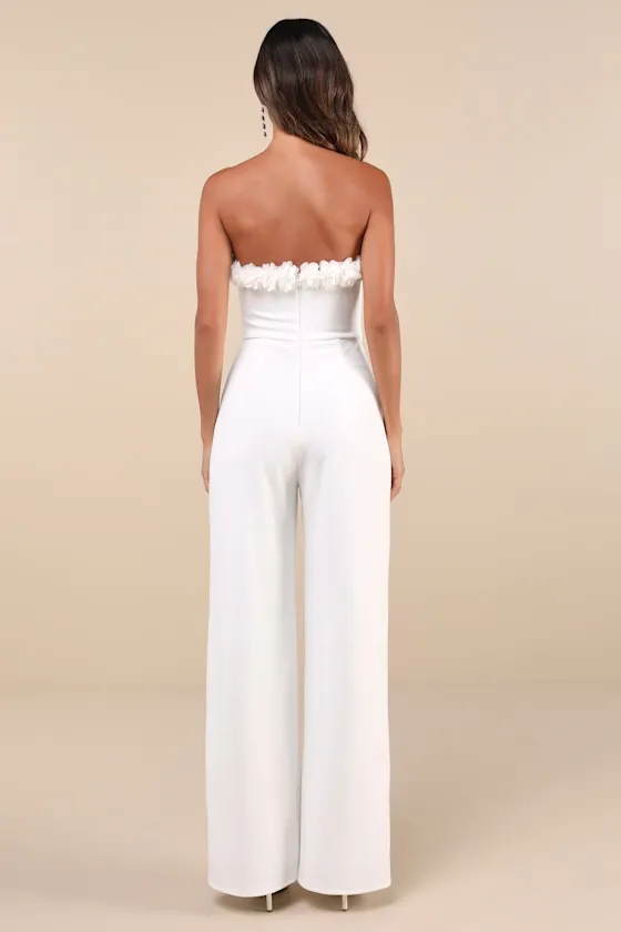 Rare Allure White 3D Floral Applique Strapless Wide-Leg Jumpsuit sold by Lulus product image thumbnail 2