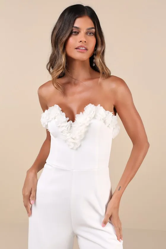 Rare Allure White 3D Floral Applique Strapless Wide-Leg Jumpsuit sold by Lulus product image thumbnail 3