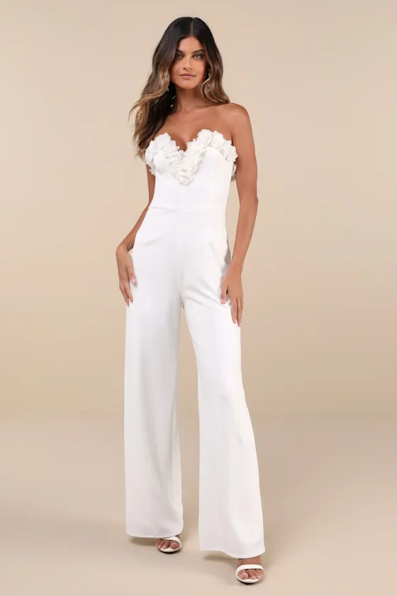 Rare Allure White 3D Floral Applique Strapless Wide-Leg Jumpsuit sold by Lulus product image thumbnail 4