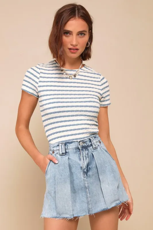 Trendy Confidence Light Wash Pleated Cutoff Denim Mini Skirt sold by Lulus