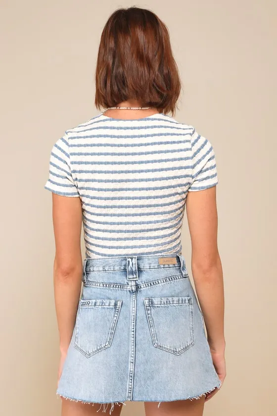 Trendy Confidence Light Wash Pleated Cutoff Denim Mini Skirt sold by Lulus product image thumbnail 2