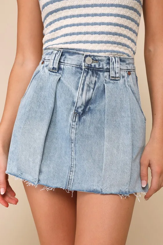 Trendy Confidence Light Wash Pleated Cutoff Denim Mini Skirt sold by Lulus product image thumbnail 3