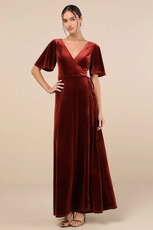 Defining Elegance Rust Red Velour Short Sleeve Wrap Maxi Dress sold by Lulus