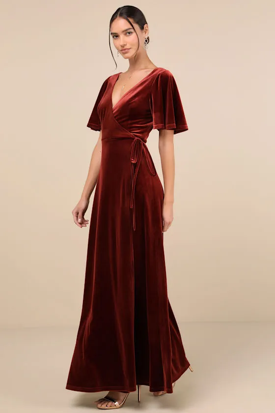 Defining Elegance Rust Red Velour Short Sleeve Wrap Maxi Dress sold by Lulus product image thumbnail 2