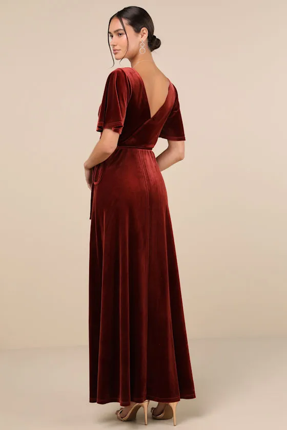 Defining Elegance Rust Red Velour Short Sleeve Wrap Maxi Dress sold by Lulus product image thumbnail 3