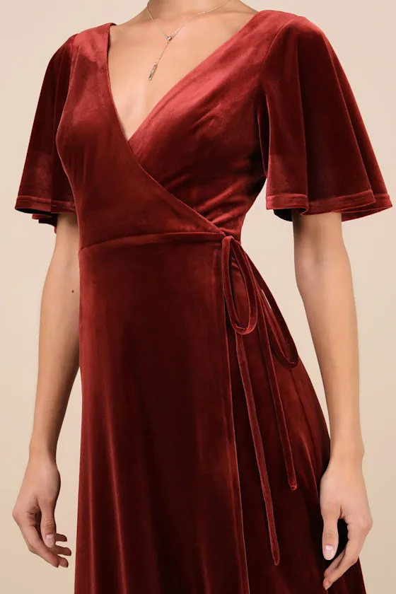 Defining Elegance Rust Red Velour Short Sleeve Wrap Maxi Dress sold by Lulus product image thumbnail 4