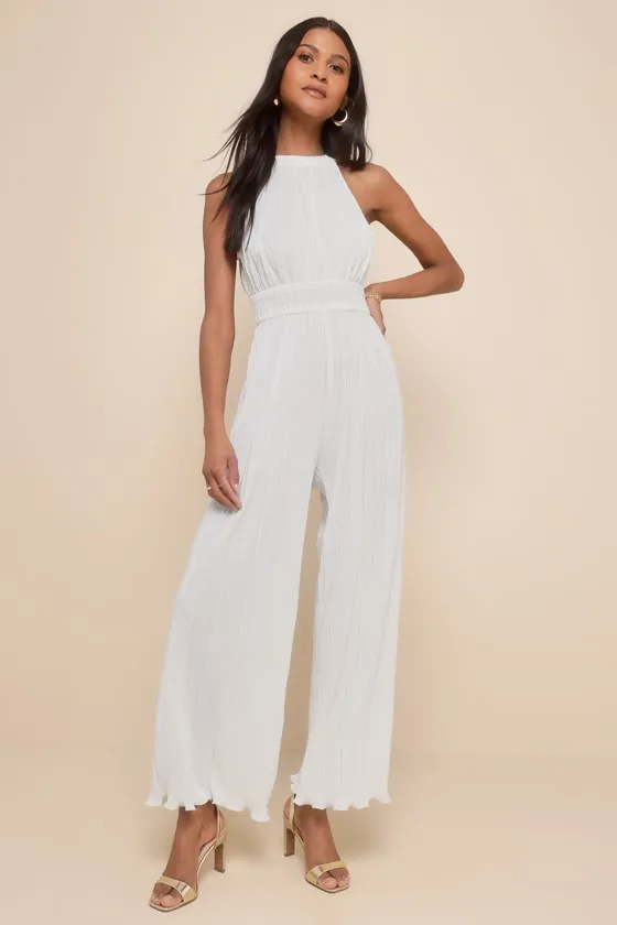 Flawless Mindset Ivory Satin Plisse Tie-Back Jumpsuit sold by Lulus
