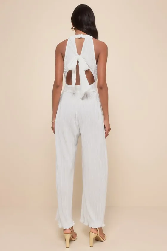 Flawless Mindset Ivory Satin Plisse Tie-Back Jumpsuit sold by Lulus product image thumbnail 2
