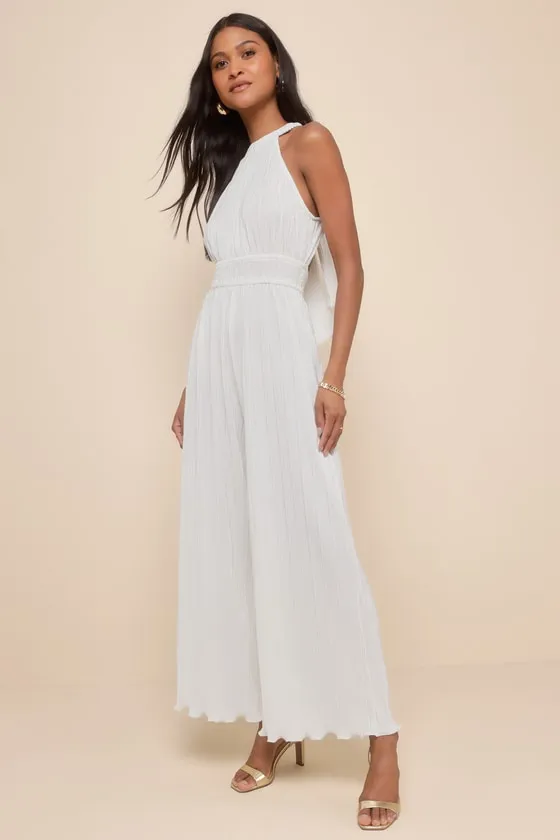 Flawless Mindset Ivory Satin Plisse Tie-Back Jumpsuit sold by Lulus product image thumbnail 3