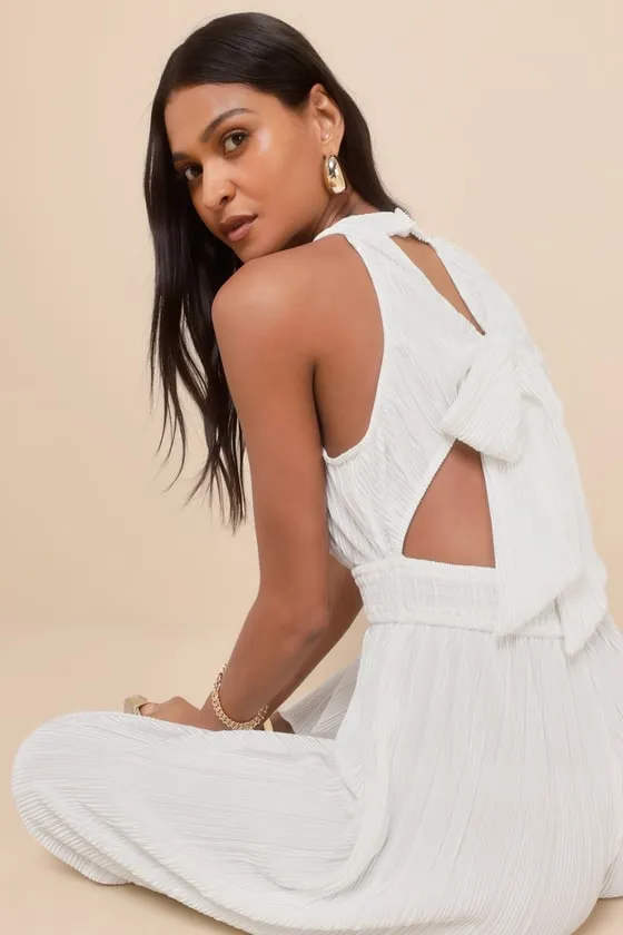 Flawless Mindset Ivory Satin Plisse Tie-Back Jumpsuit sold by Lulus product image thumbnail 4