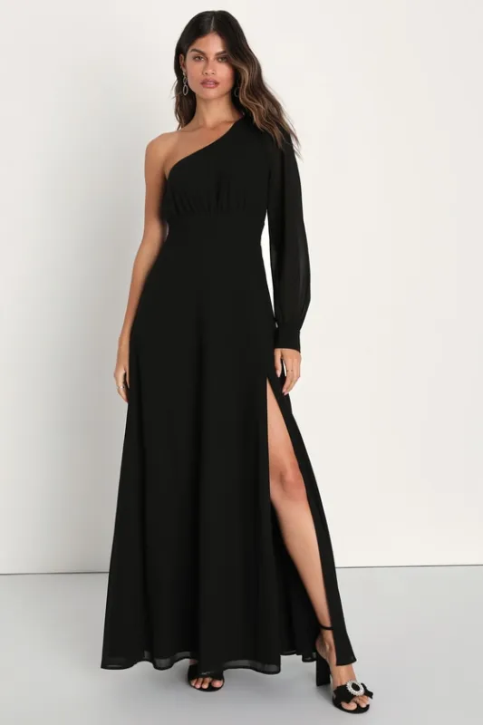 Graceful Elegance Black One-Shoulder Long Sleeve Maxi Dress sold by Lulus
