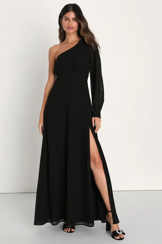 Graceful Elegance Black One-Shoulder Long Sleeve Maxi Dress sold by Lulus
