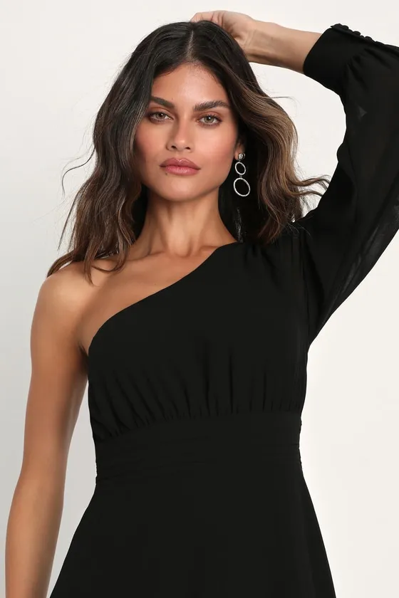Graceful Elegance Black One-Shoulder Long Sleeve Maxi Dress sold by Lulus product image thumbnail 3