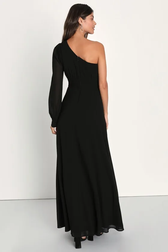 Graceful Elegance Black One-Shoulder Long Sleeve Maxi Dress sold by Lulus product image thumbnail 4