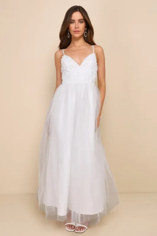 Graceful Beauty White 3D Floral Tulle Sleeveless Maxi Dress sold by Lulus