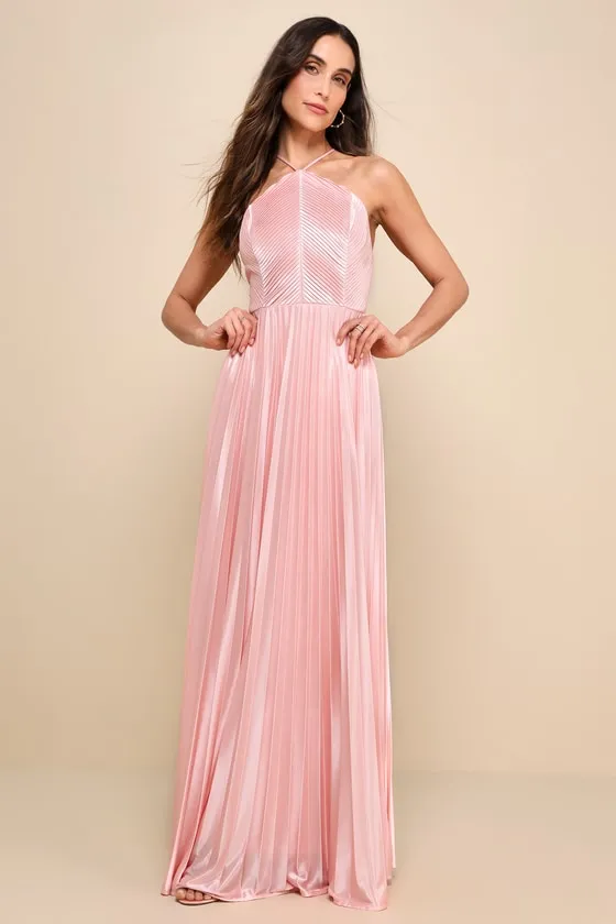 Elaborate Charm Light Pink Satin Pleated Backless Maxi Dress sold by Lulus