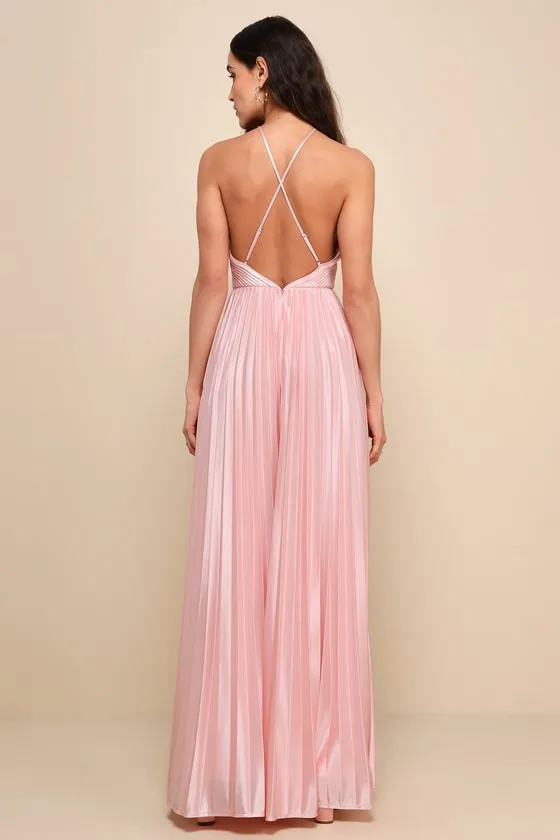 Elaborate Charm Light Pink Satin Pleated Backless Maxi Dress sold by Lulus product image thumbnail 2