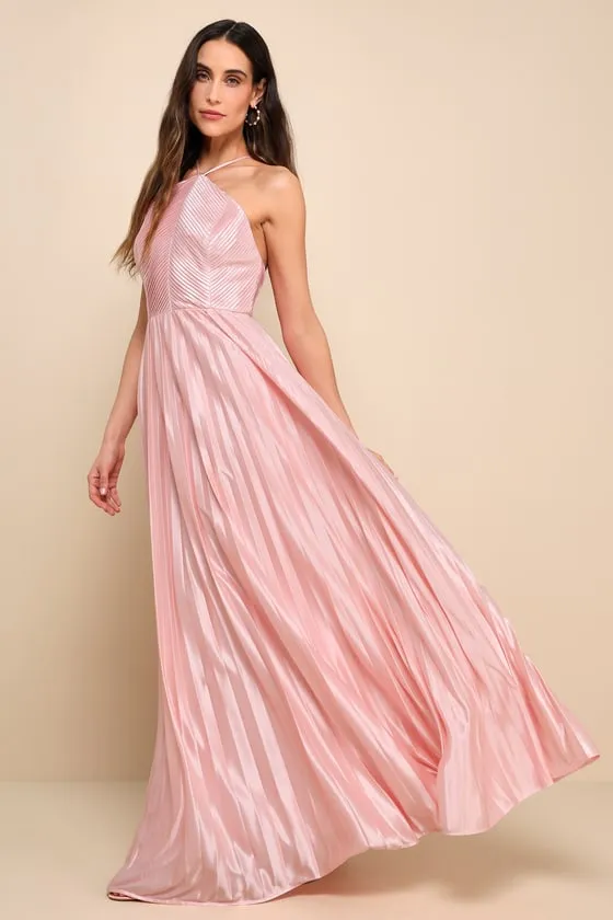 Elaborate Charm Light Pink Satin Pleated Backless Maxi Dress sold by Lulus product image thumbnail 3