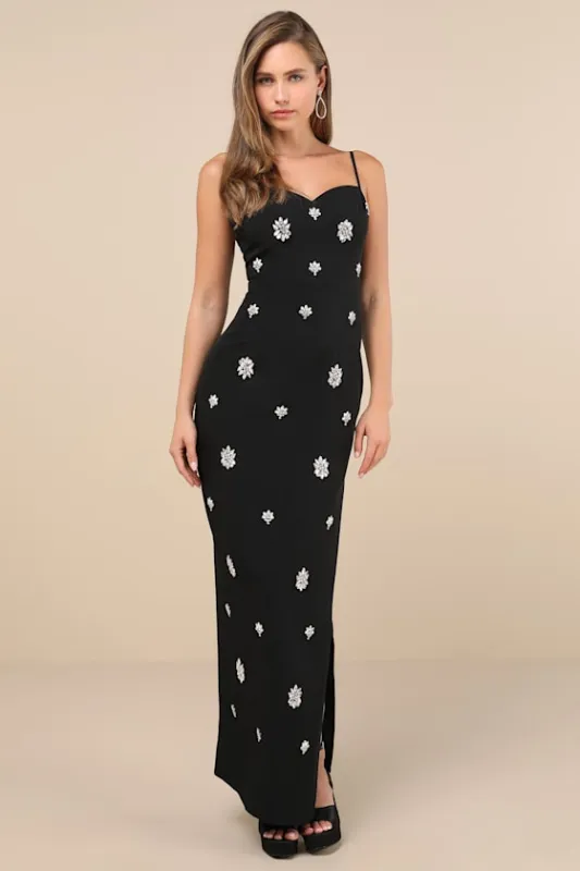 Completely Regal Black Rhinestone Sleeveless Column Maxi Dress sold by Lulus