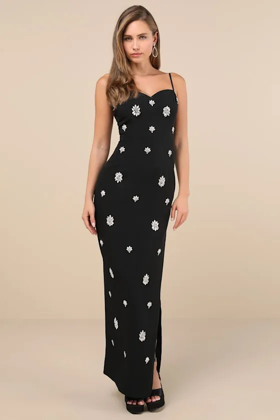 Completely Regal Black Rhinestone Sleeveless Column Maxi Dress sold by Lulus