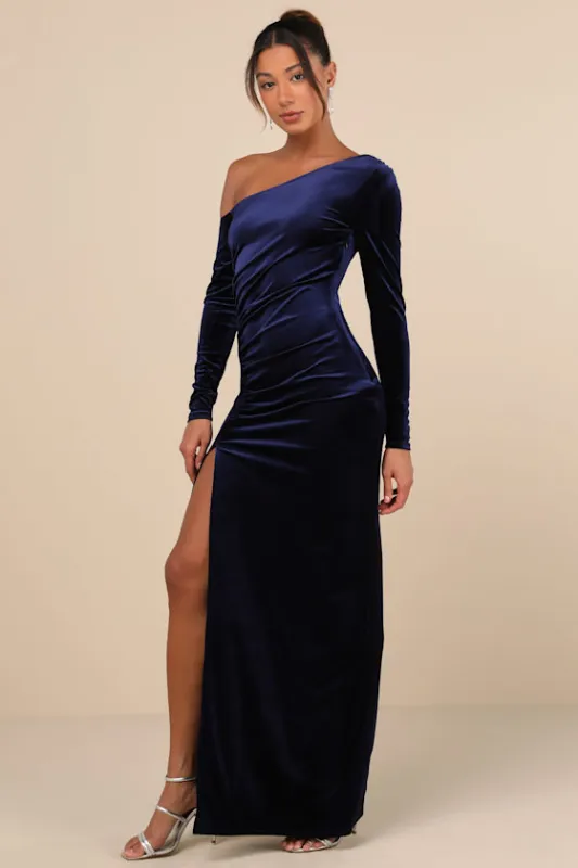 Notorious Icon Navy Blue Velvet Asymmetrical Maxi Dress sold by Lulus