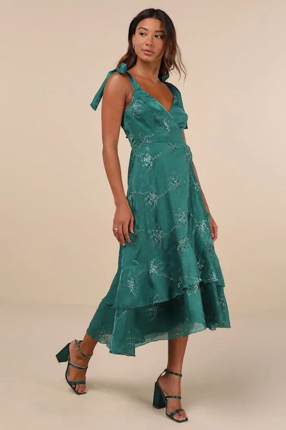 Elegant Direction Green Embroidered Ruffled Tie-Strap Midi Dress sold by Lulus