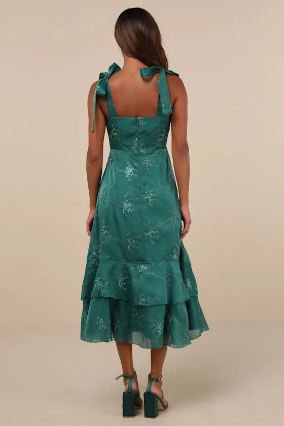 Elegant Direction Green Embroidered Ruffled Tie-Strap Midi Dress sold by Lulus product image thumbnail 2
