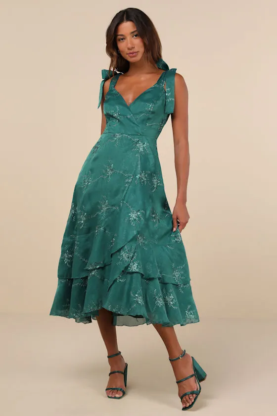 Elegant Direction Green Embroidered Ruffled Tie-Strap Midi Dress sold by Lulus product image thumbnail 4