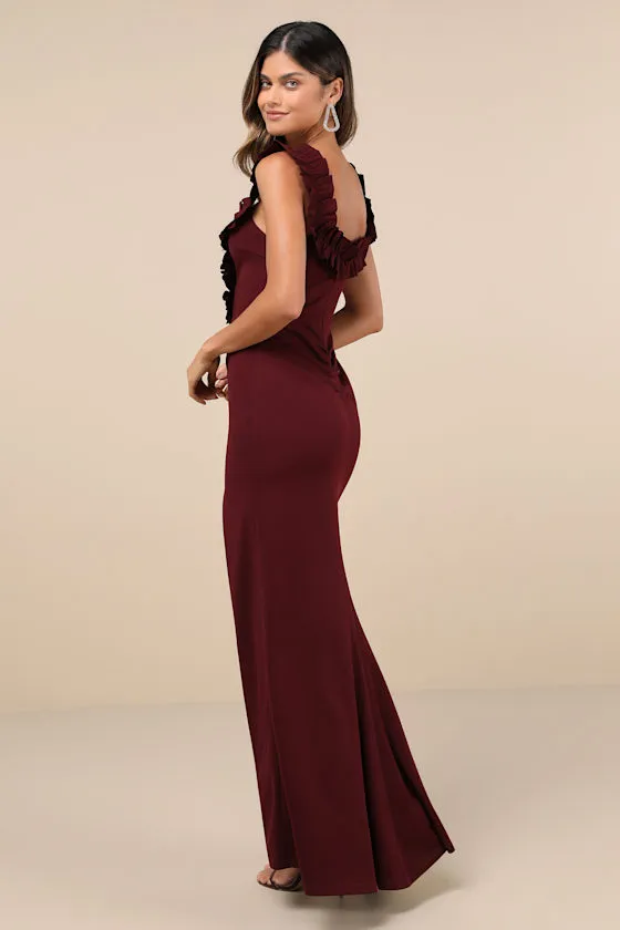 Graceful Posture Burgundy Ruffled Off-the-Shoulder Maxi Dress sold by Lulus product image thumbnail 2