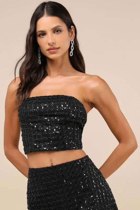Lovely Decadence Black Sequin Beaded Strapless Crop Top sold by Lulus
