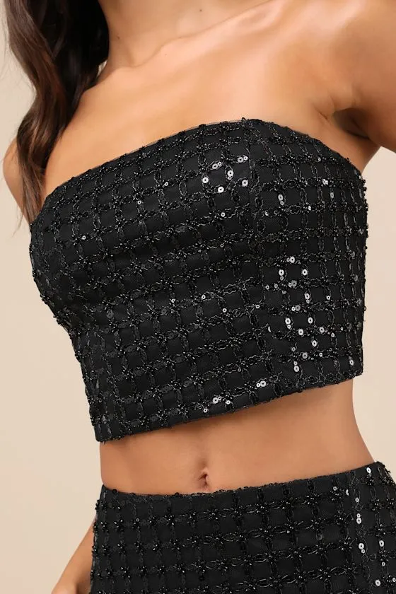 Lovely Decadence Black Sequin Beaded Strapless Crop Top sold by Lulus product image thumbnail 4