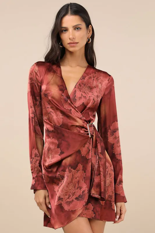 Casually Elegant Rust Floral Satin Surplice Belted Mini Dress sold by Lulus