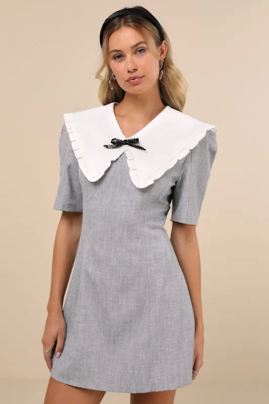 Heron Heather Grey Bow Oversized Collar Short Sleeve Mini Dress made by Sister Jane
