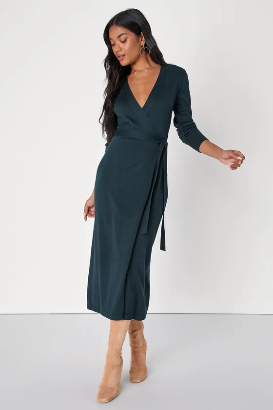Literary Lover Emerald Green Midi Wrap Sweater Dress sold by Lulus
