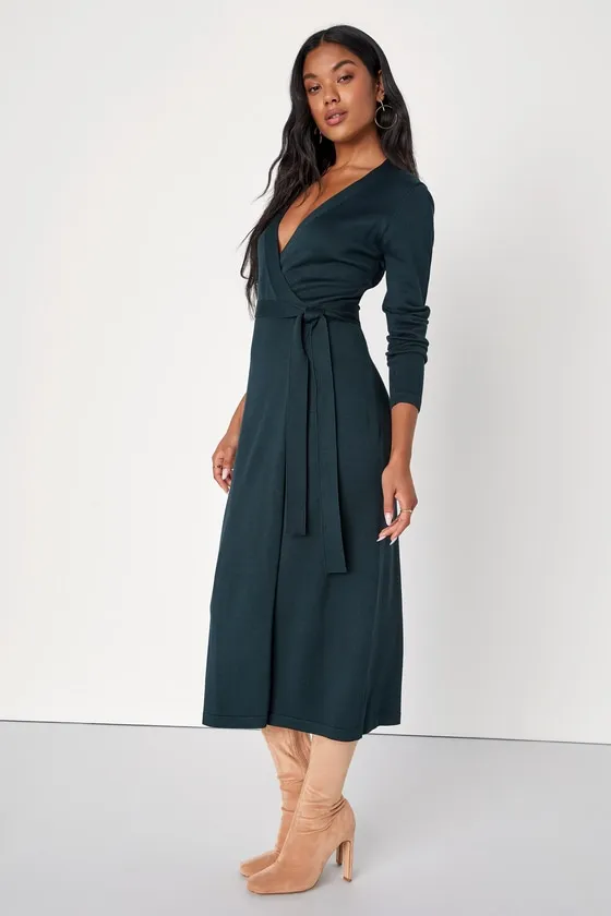 Literary Lover Emerald Green Midi Wrap Sweater Dress sold by Lulus product image thumbnail 4