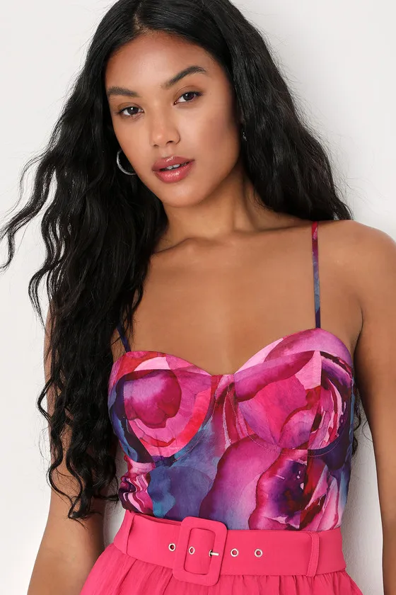 Perfect Energy Purple Multi Floral Print Bustier Bodysuit sold by Lulus