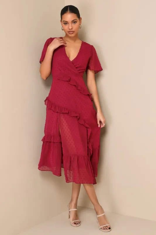 Next to You Plum Swiss Dot Ruffled Midi Dress sold by Lulus