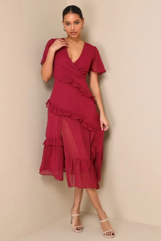 Next to You Plum Swiss Dot Ruffled Midi Dress sold by Lulus