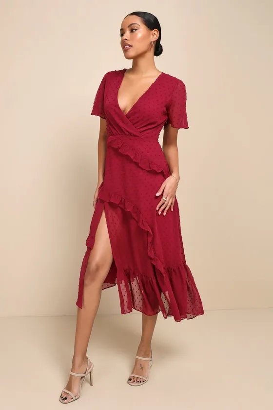 Next to You Plum Swiss Dot Ruffled Midi Dress sold by Lulus product image thumbnail 3