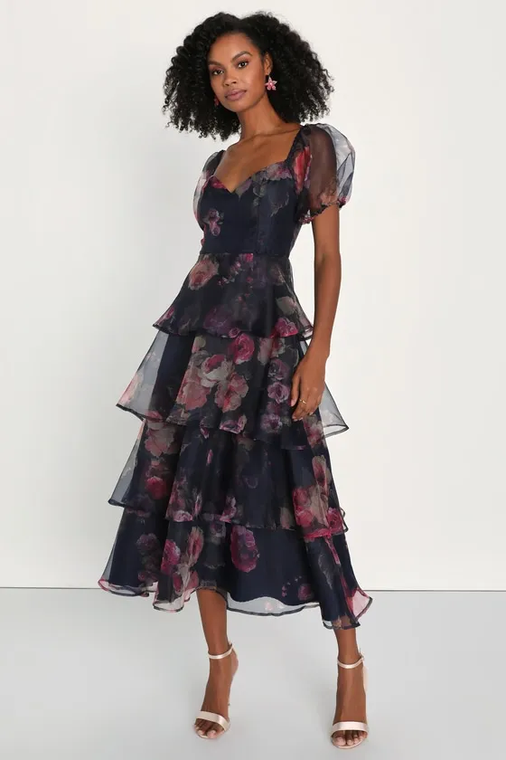 Oh-So Stunning Navy Blue Floral Organza Tiered Midi Dress sold by Lulus