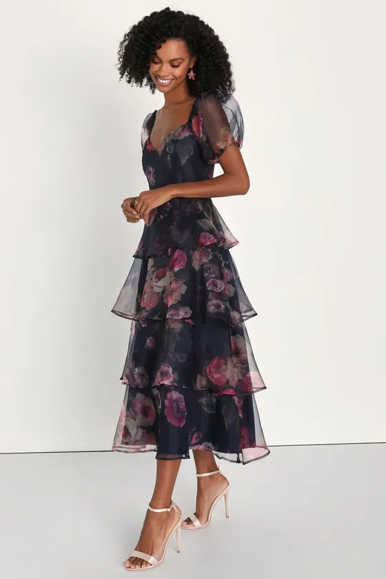 Oh-So Stunning Navy Blue Floral Organza Tiered Midi Dress sold by Lulus product image thumbnail 2