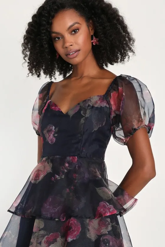 Oh-So Stunning Navy Blue Floral Organza Tiered Midi Dress sold by Lulus product image thumbnail 3