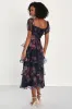 Oh-So Stunning Navy Blue Floral Organza Tiered Midi Dress sold by Lulus