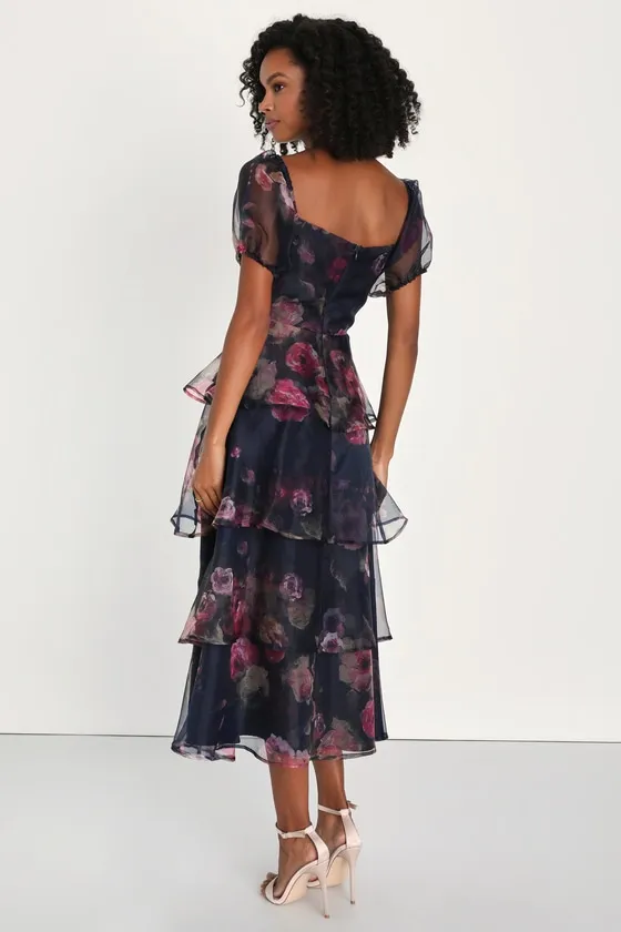 Oh-So Stunning Navy Blue Floral Organza Tiered Midi Dress sold by Lulus product image thumbnail 4