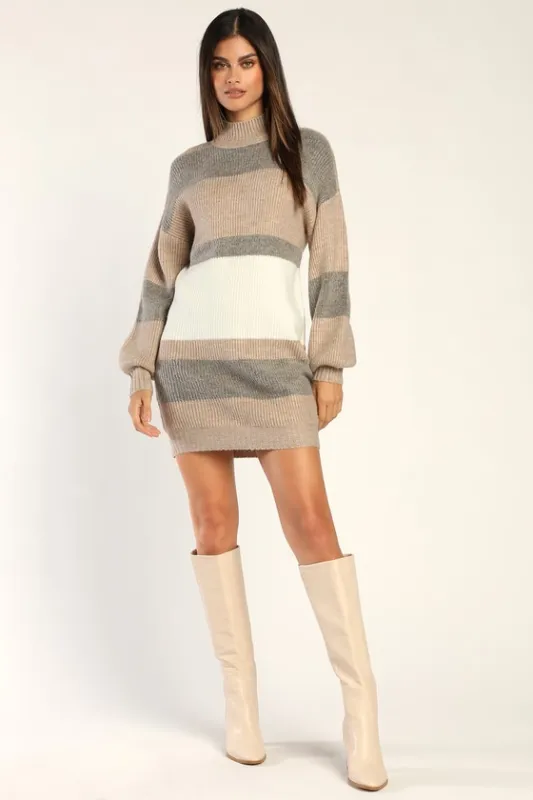 Casually Comfy Taupe Multi Striped Mock Neck Sweater Dress sold by Lulus
